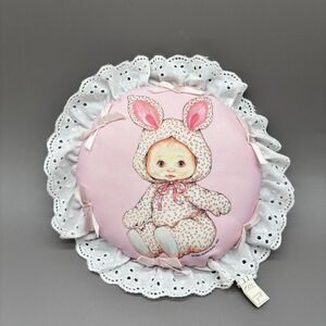 Vintage Baby Bunny Pillow Pink Eyelet Lace Trim 1984 Morehead Nursery Decor